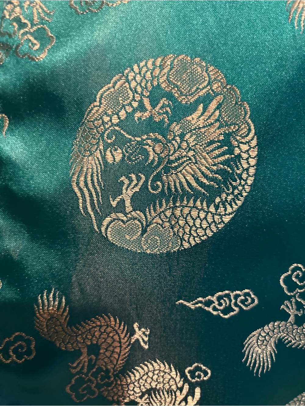 Vintage Esme Chinese Dragon Satin Kimono Robe Turquoise Gold Brocade Size M - Picture 5 of 7